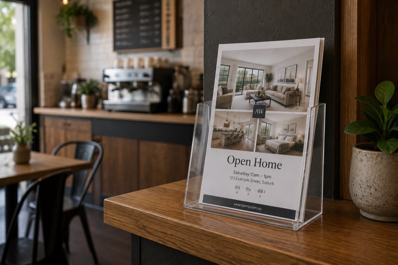 A flyer displayed in a brochure stand on a cafe counter