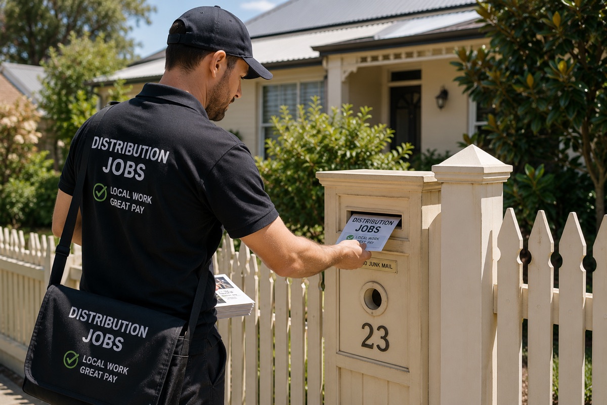 A distributor delivering flyers to a suburban letterbox