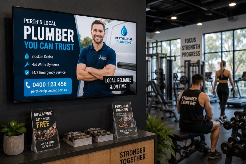 A local business advertisement displayed at a gym reception