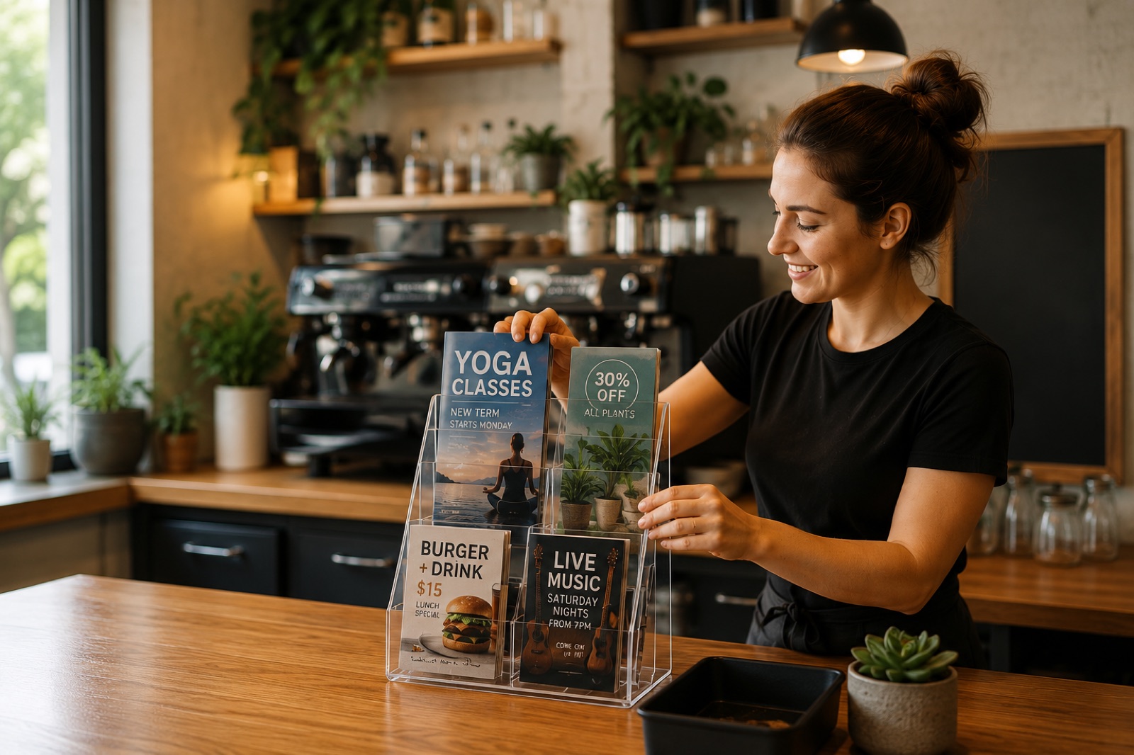 A cafe owner placing local business flyers into a counter brochure stand