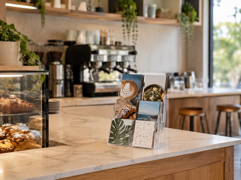 A brochure stand of local flyers on a cafe counter