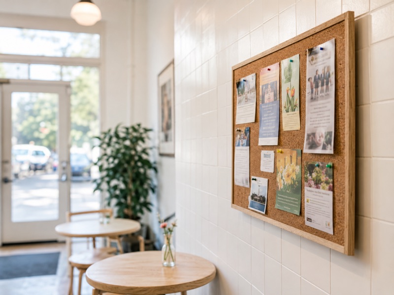 A cork noticeboard of local flyers on a cafe wall