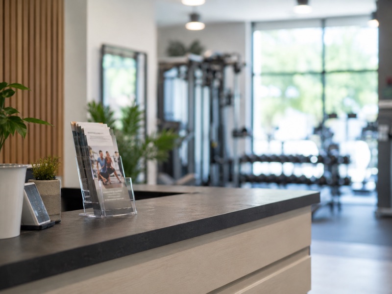 A flyer stand on the reception desk of a fitness studio