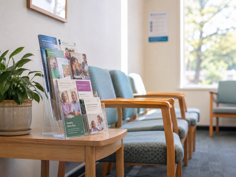 A brochure stand on a side table in a medical centre waiting room