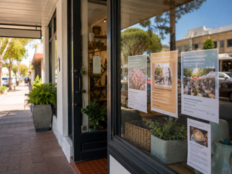 Posters displayed in the window of a local shopfront